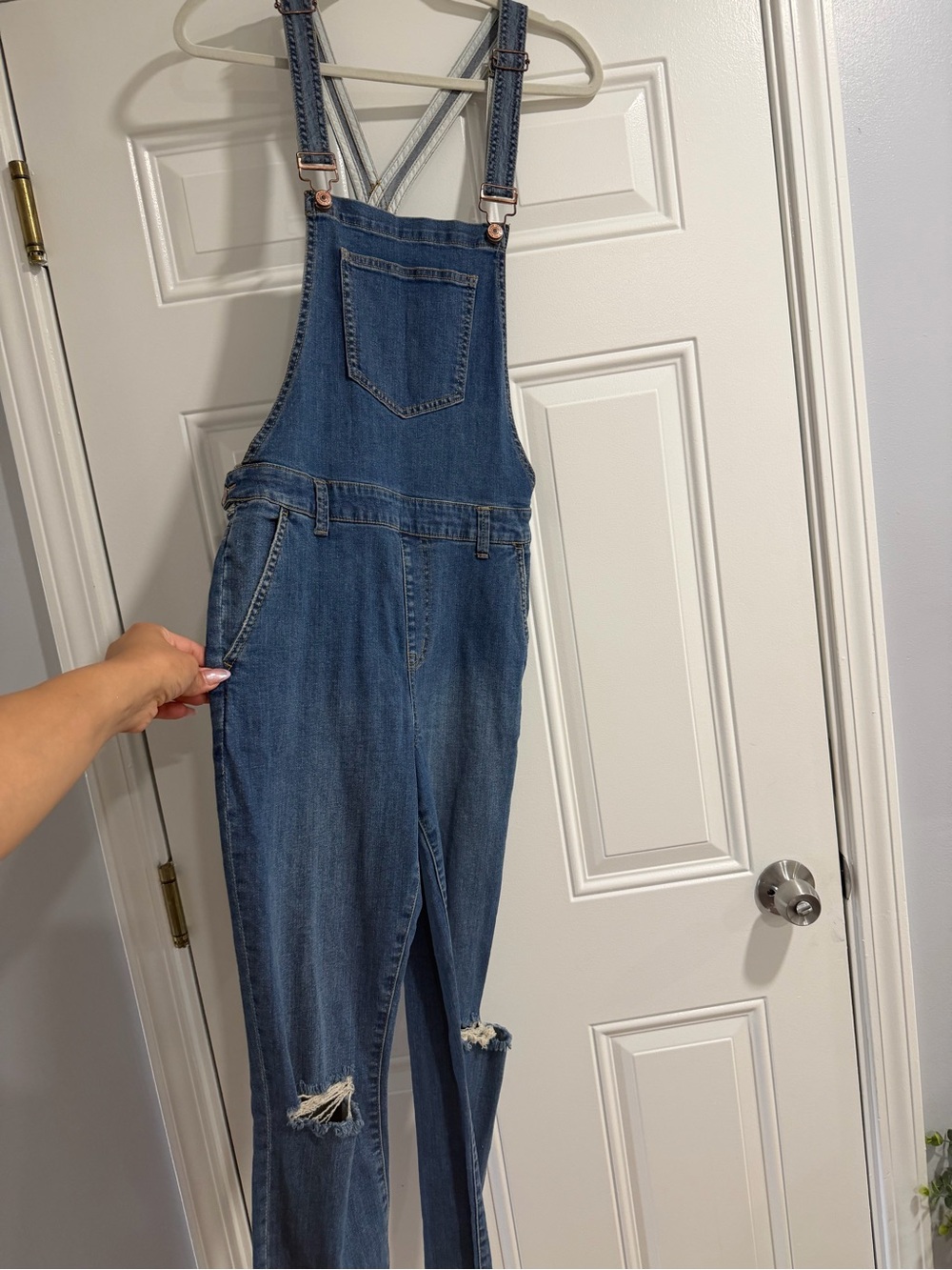 Forever 21 Blue Denim Distressed Overalls Jumpsuit